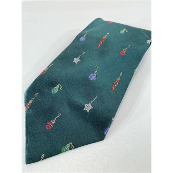 Holiday Traditions Hallmark Green With Christmas Ornaments 57” Silk Tie - Picture 1 of 3